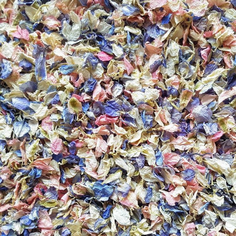 Pink, blue and ivory delphinium petal confetti