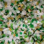 Green, white & Gold confetti circles flat lay